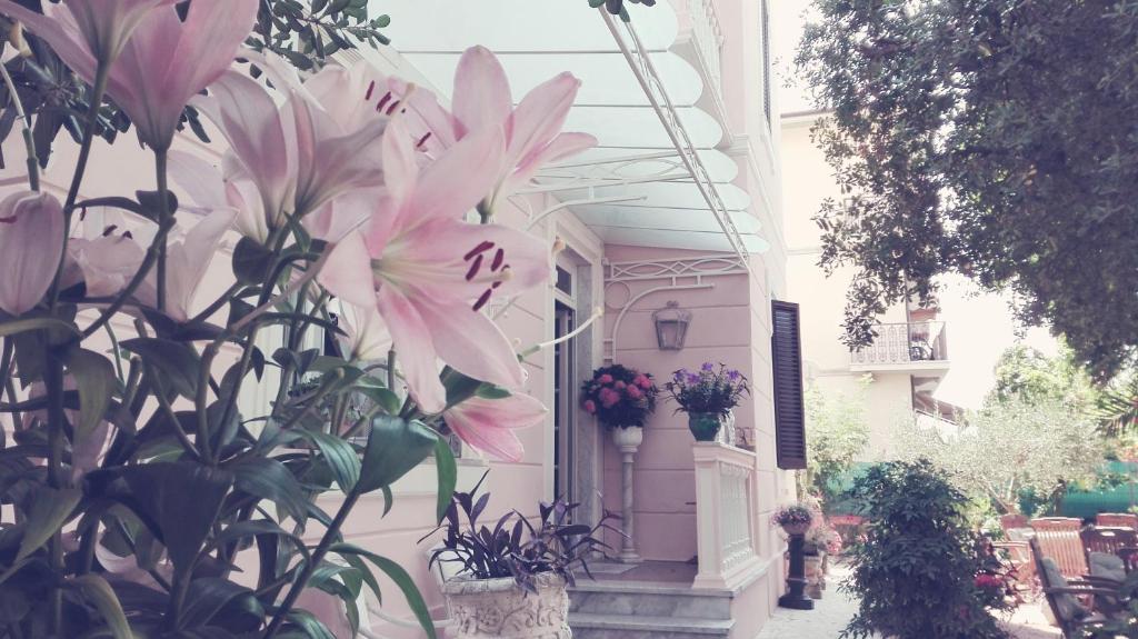 una casa con flores rosas a un lado. en Villa la Fonte, en Marina di Pietrasanta