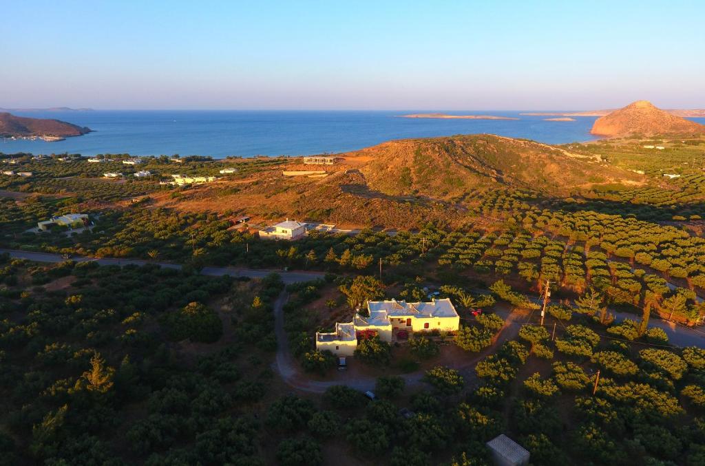 una vista aérea de una casa en una colina con el océano en Porto Heli Apartments, en Palaikastro