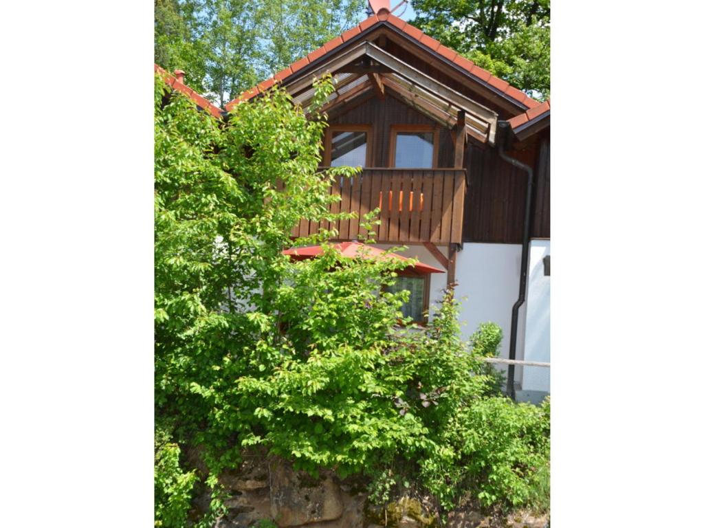 a house with a balcony and some trees at Ferienwohnung Wildgatter in Grafenwiesen