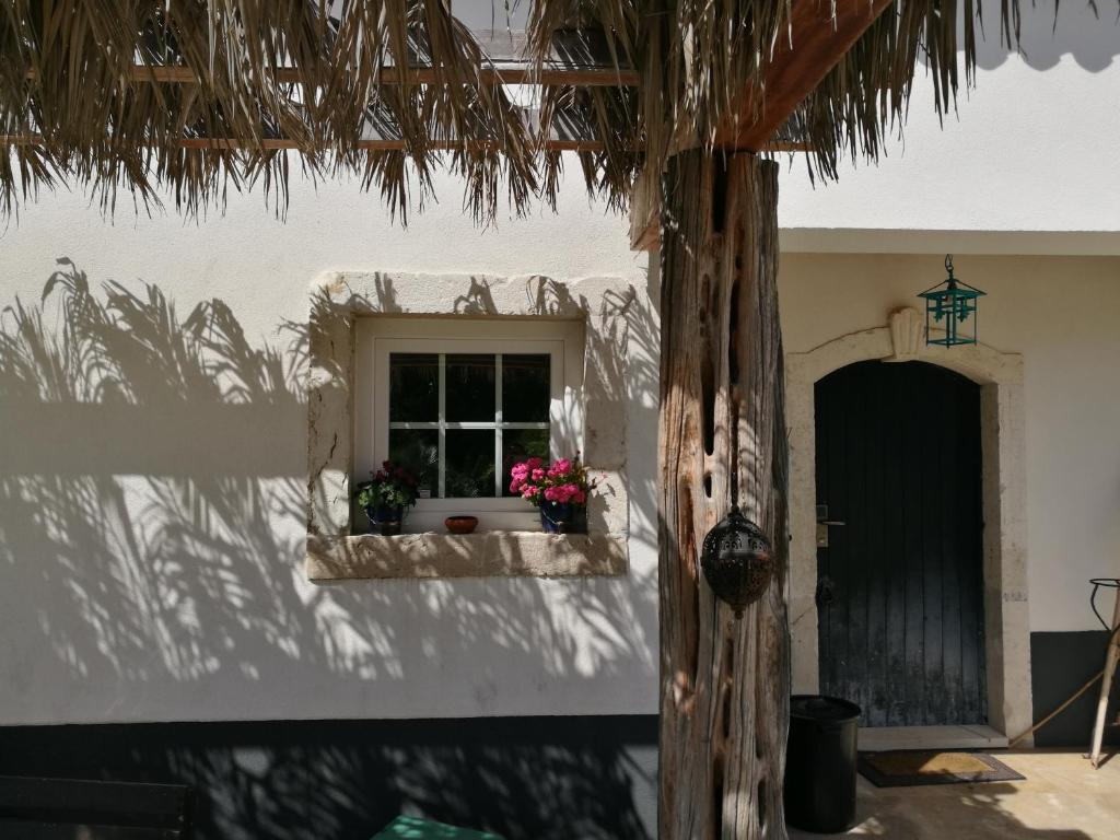 une fenêtre d'une maison avec des fleurs dans un rebord de fenêtre dans l'établissement Arrábida Heritage @Portugal Luxury Retreat, à Azeitão