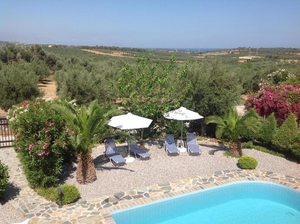 an outdoor swimming pool with chairs and umbrellas at Villa Athina in Pangalochori