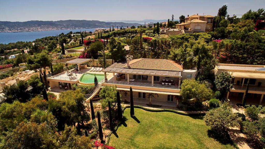 an aerial view of a house with a garden at Seascape Villa in Porto Heli