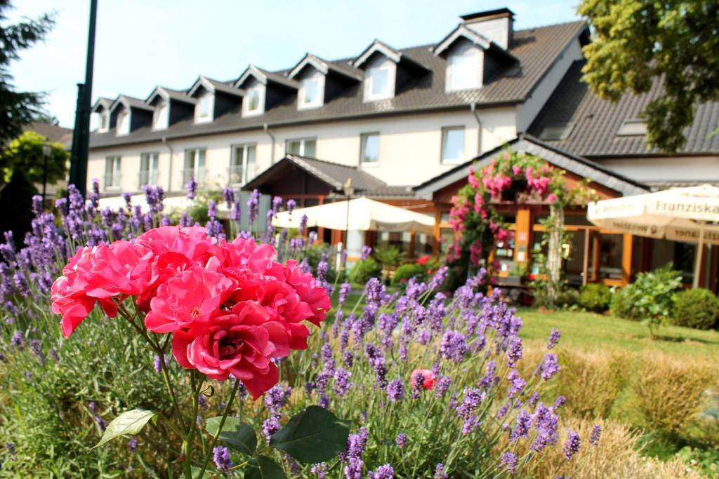 einen Garten mit rosa Rosen und lila Blumen vor einem Gebäude in der Unterkunft Hotel und Restaurant Eurohof in Duisburg