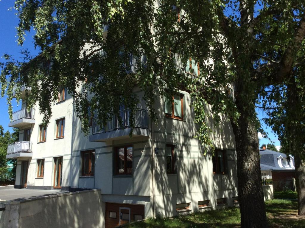 un edificio blanco con un árbol delante en Maza Krumu 28 en Riga