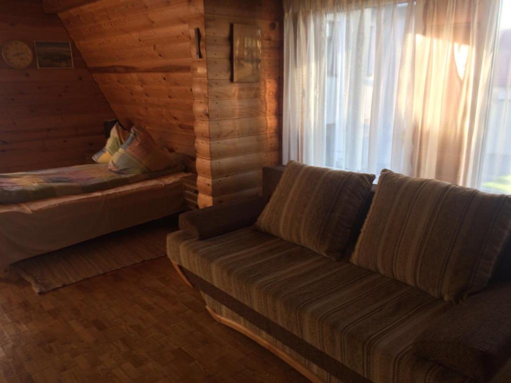 a living room with a couch and a bed at Viesu Nams Mežu 13 in Ventspils