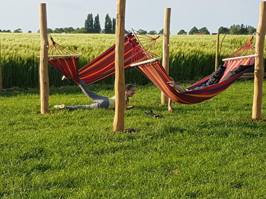 a man laying in a hammock in a field at Holiday home Het Zeugekot in Beveren