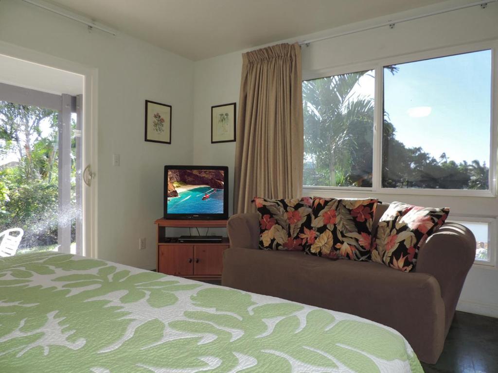 a living room with a couch and a television at Hale Pua Villa - Seaside Studio in Koloa