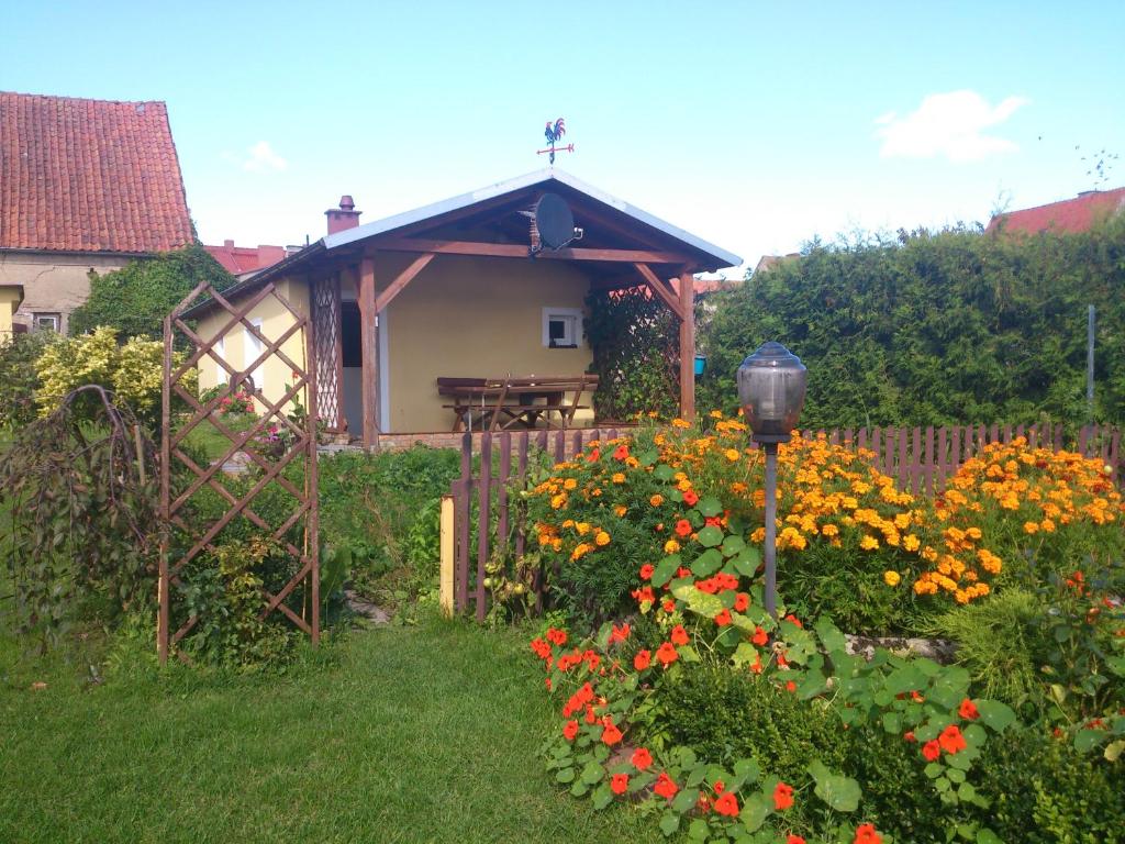 a garden with flowers in front of a house at Domek za starą stodołą in Wydminy