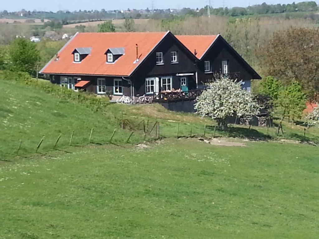 韋爾勒的住宿－Hoeve Schoonzicht，绿色田野上带橙色屋顶的黑色房子