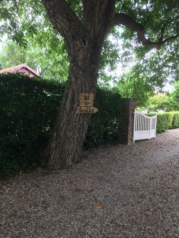 un arbre avec une pancarte à côté d'une clôture dans l'établissement B&B Ool Inclusive, à Ruremonde