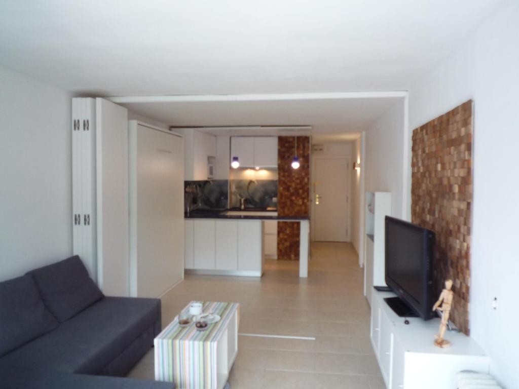 een woonkamer met een bank en een tv bij Tramuntana in Platja  d'Aro
