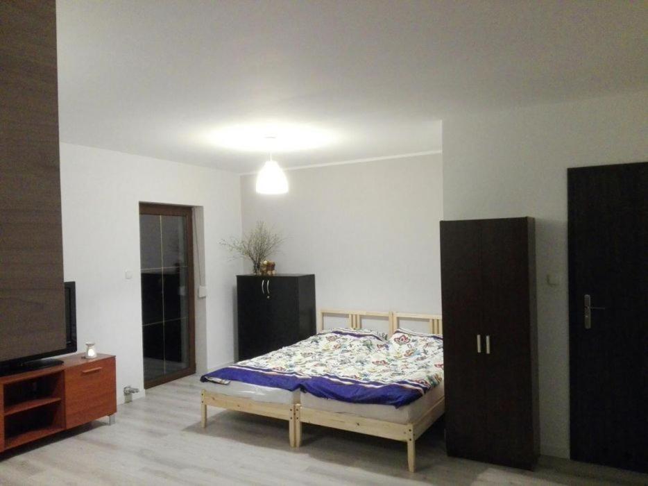 een slaapkamer met een bed en een flatscreen-tv bij Oaza Kaszubska Studzienice in Studzienice