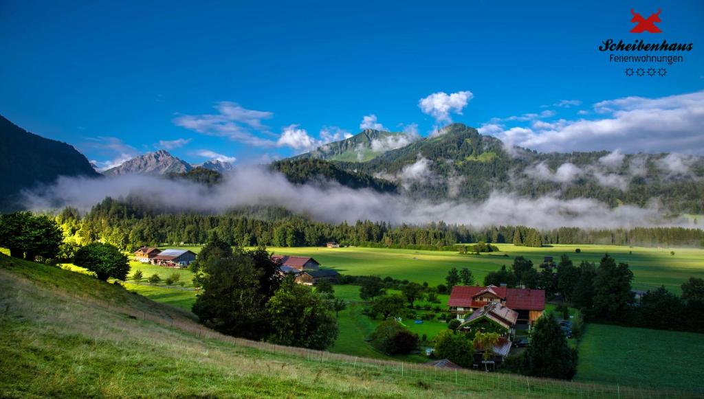 オーベルストドルフにあるFerienwohnungen Scheibenhausの山を背景にした丘の上の家