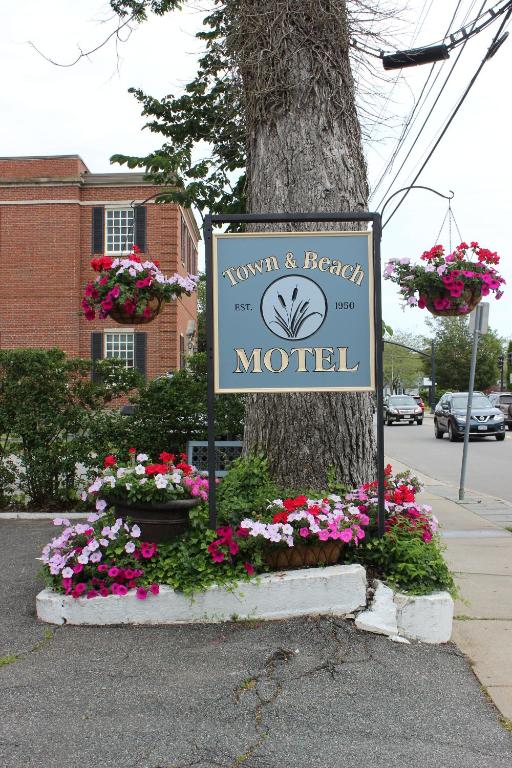 una señal para un motel junto a un árbol con flores en Town & Beach Motel, en Falmouth