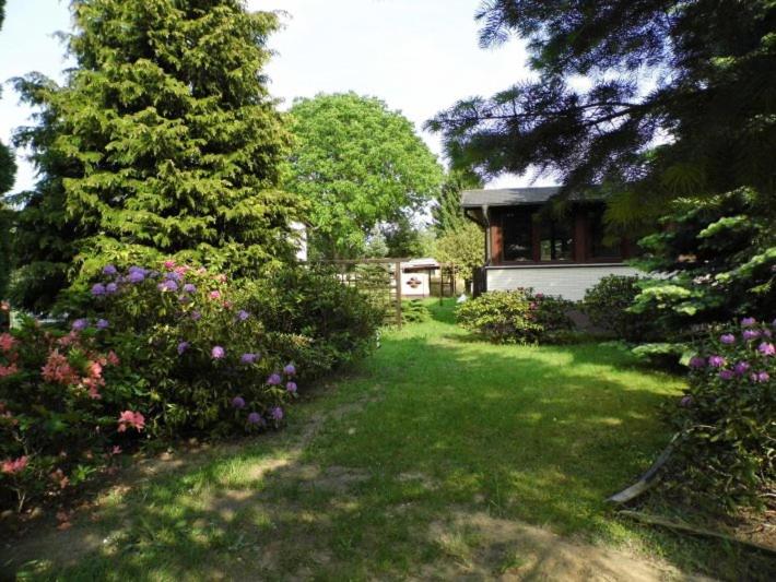 a yard with a house and a tree and flowers at Ferienhaus Lagenhof! Keine Monteure! in Gablenz