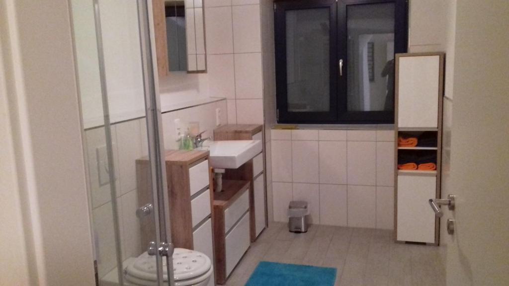 ein kleines Bad mit einem Waschbecken und einem WC in der Unterkunft Ferienwohnung Memil in Immenstadt im Allgäu