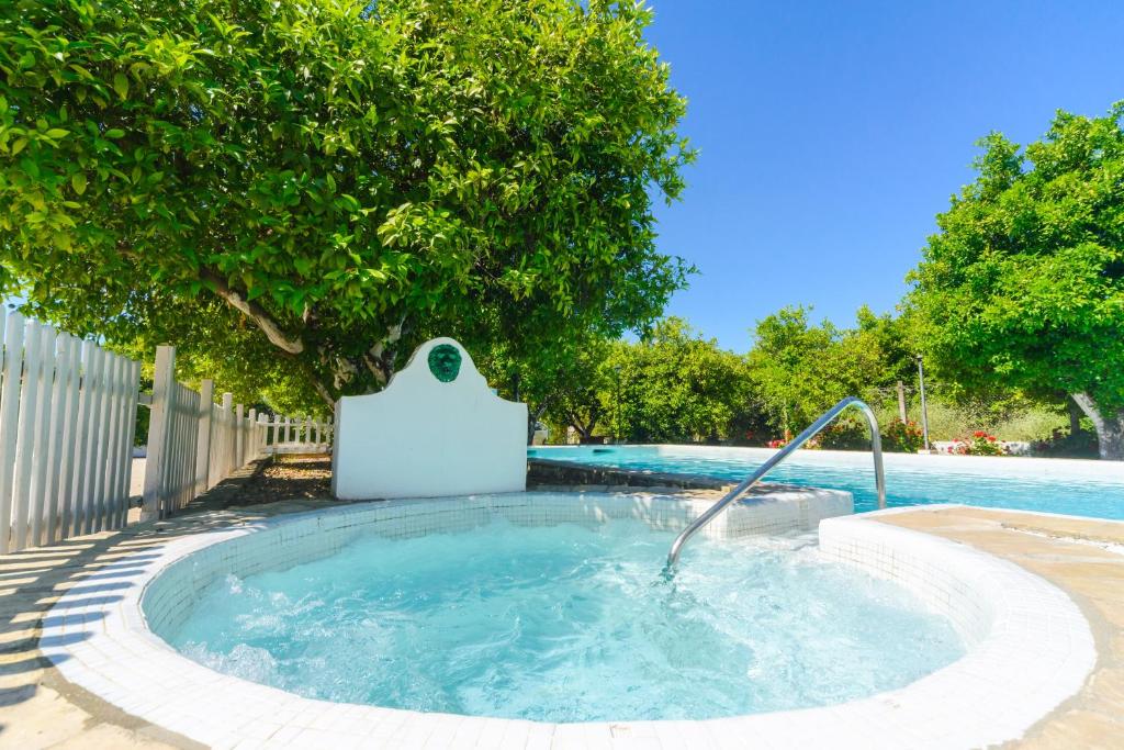 uma piscina com uma banheira de hidromassagem num quintal em Huerta la Pimentada em Palma del Río