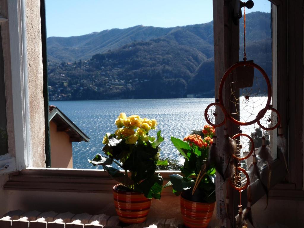 a window with flowers on a ledge with a view of a lake at B&B "A Casa di Camilla" in Carate Urio