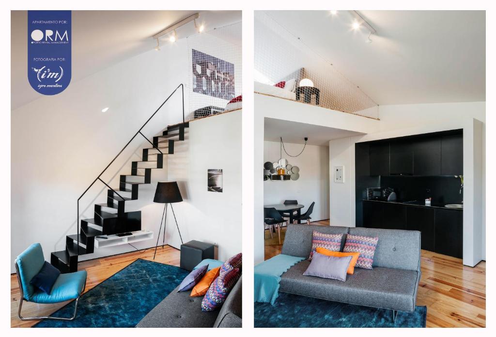 two views of a living room and a loft at ORM - Cristal Apartment in Porto