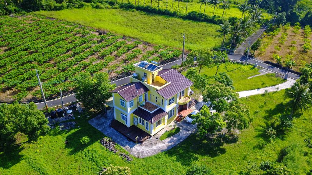 una vista aérea de una casa grande en un campo en Straybirds, en Donghe