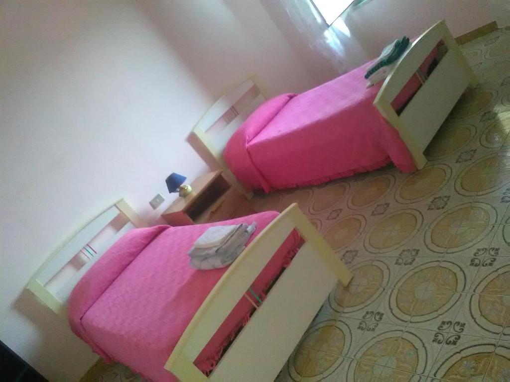 ドルガーリにあるCasa Sacu, tra mare e montagnaのピンクのシーツが備わる客室内のベッド2台