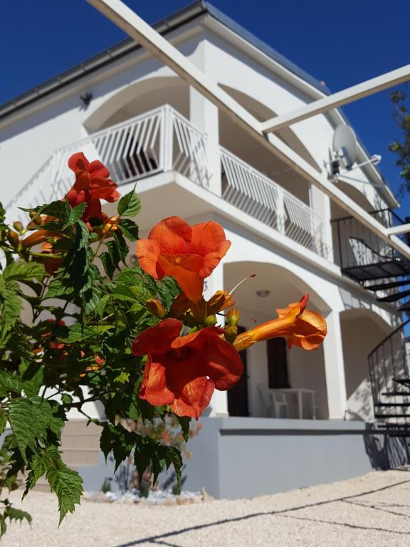 a white house with red flowers in front of it at Apartments Merion in Starigrad