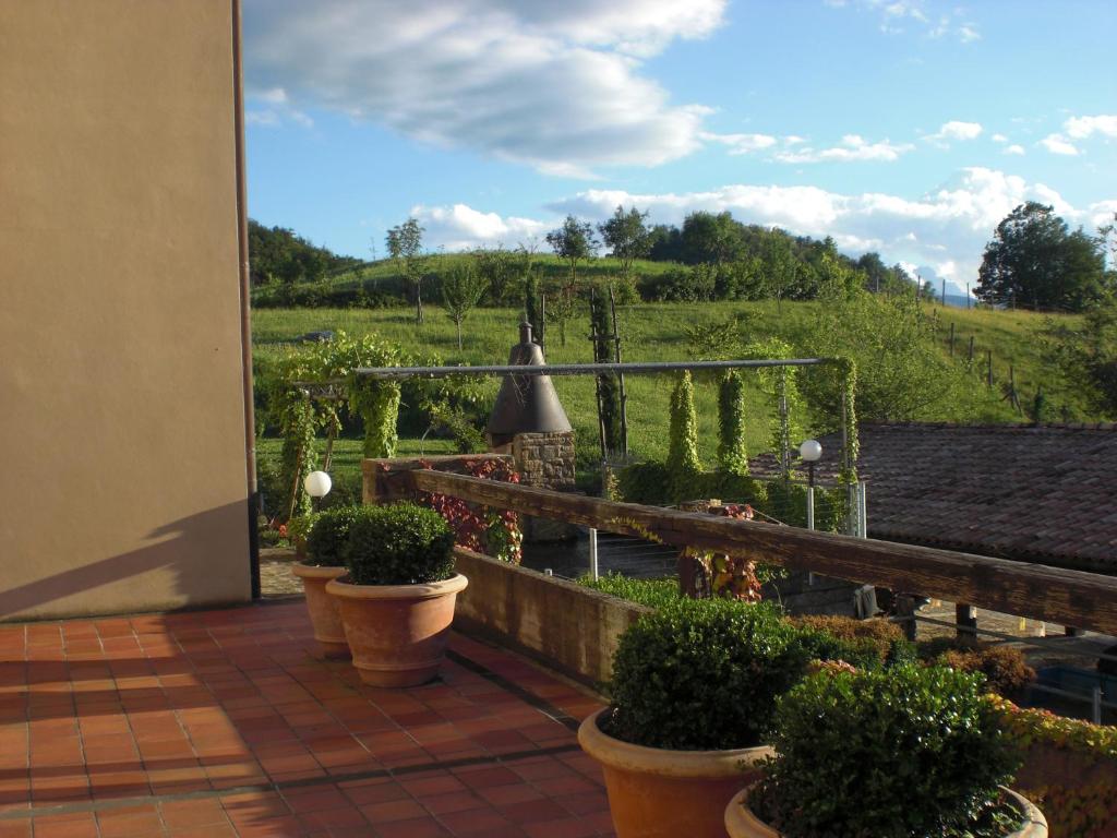 a patio with a view of a garden with potted plants at Agriturismo Campo del Pillo in Pietradura