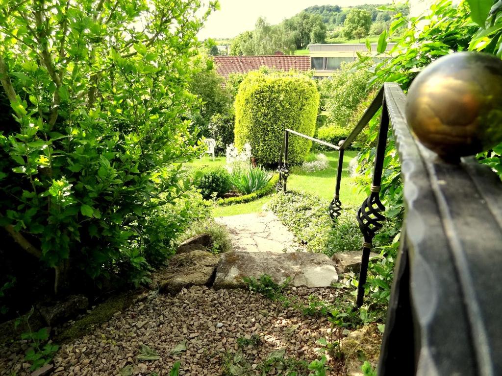 einen Garten mit Steinpfad und Büschen in der Unterkunft Christina in Tünsdorf