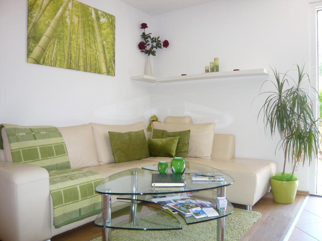 uma sala de estar com um sofá e uma mesa de vidro em Appartement Wildkogel em Neukirchen am Grossvenediger