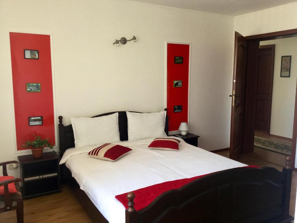 トゥルダにあるCasa Bella Turdaの赤をアクセントにした白いベッドが備わるベッドルーム1室