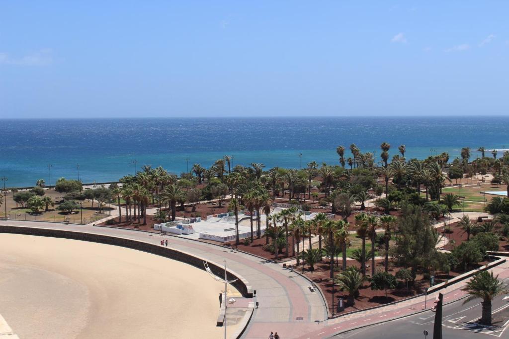 Blick auf einen Strand mit Palmen und das Meer in der Unterkunft Apartamento Arrecife in Arrecife