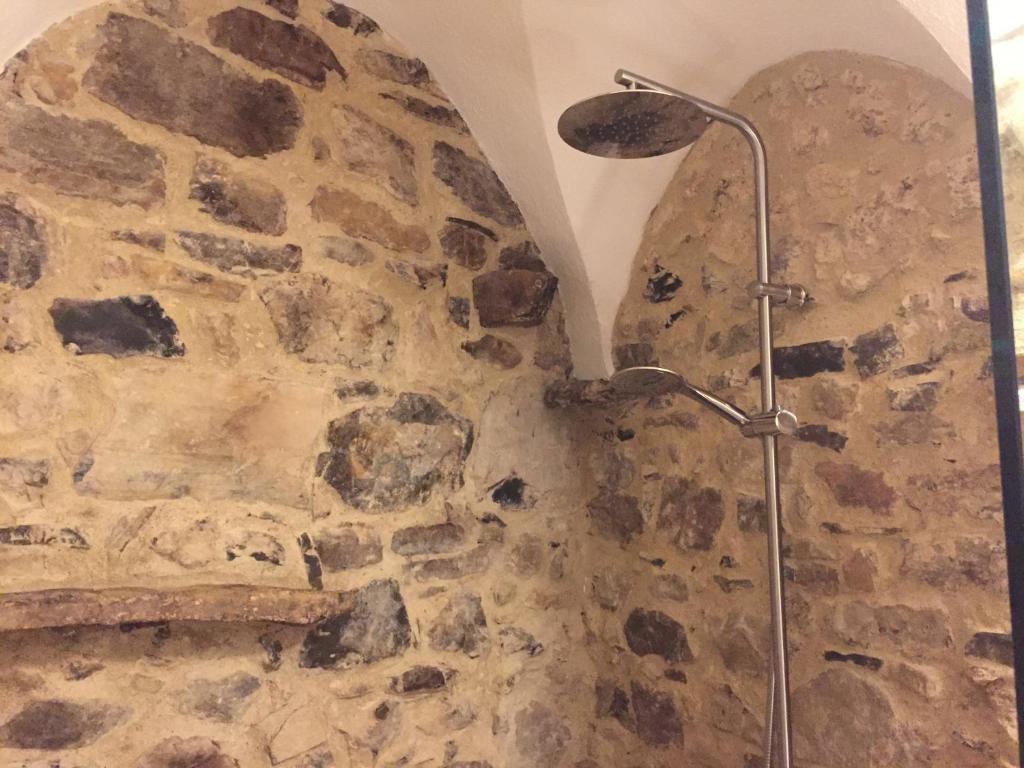 ducha en una habitación con pared de piedra en A Ca Du Barba Ge, en Vallebona
