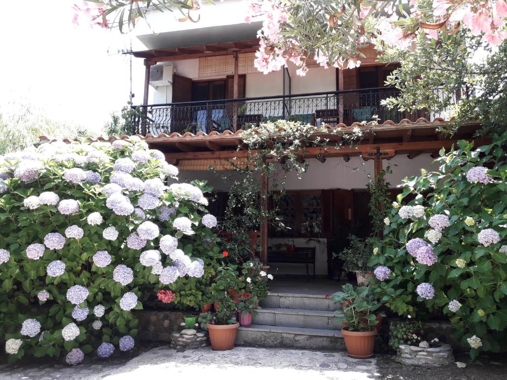 a house with a bunch of flowers in front of it at Akamatis Giorgos in Therma