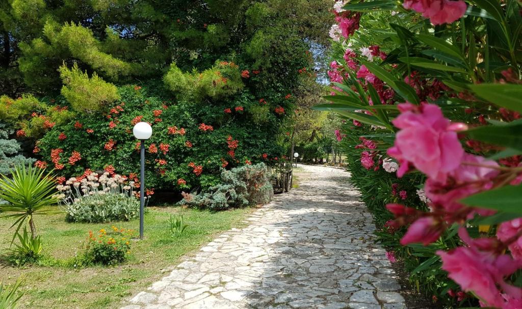 a stone path in a garden with flowers at Residence Polidoro in Vieste