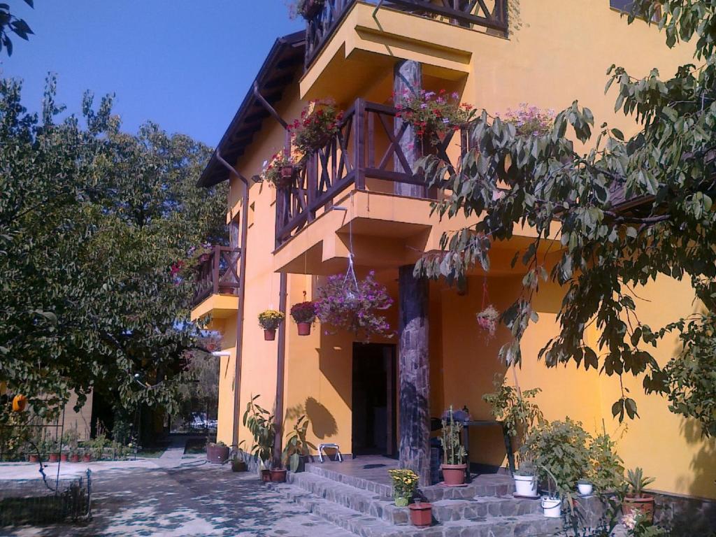 - un bâtiment avec un balcon fleuri dans l'établissement Pensiunea Elena, à Tîrgu Ocna