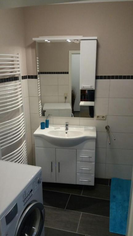 a bathroom with a sink and a mirror at Haus Isabelle EG in Sankt Andreasberg