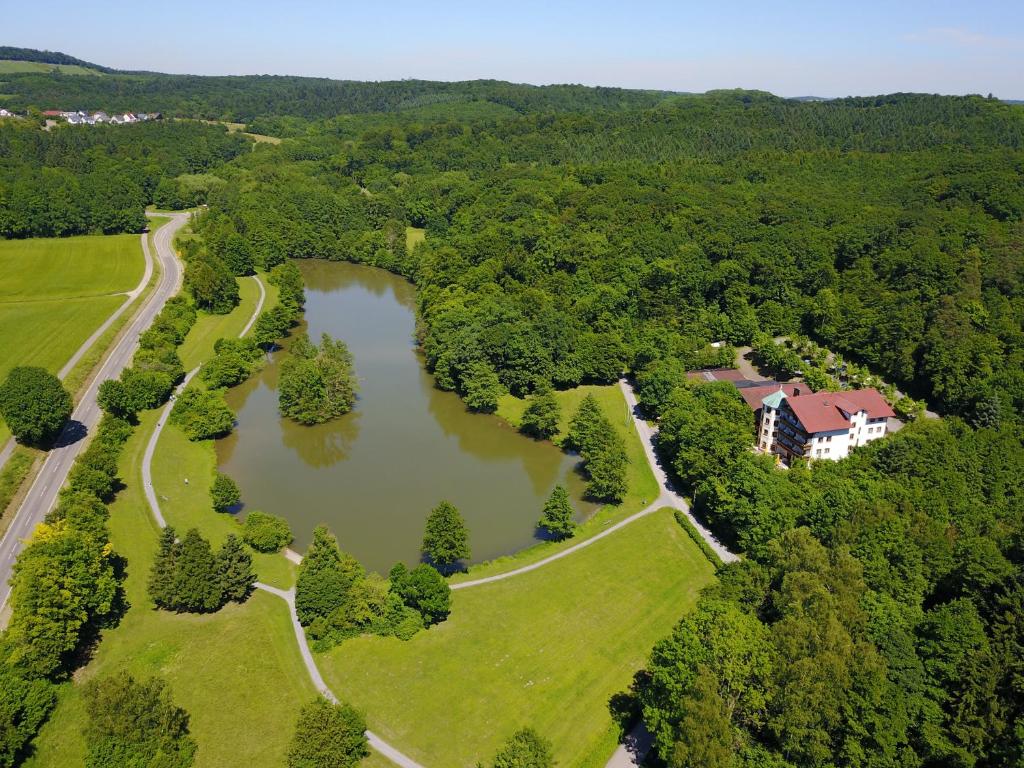 an aerial view of a house and a lake at Kreuzberghof in Tiefenbach