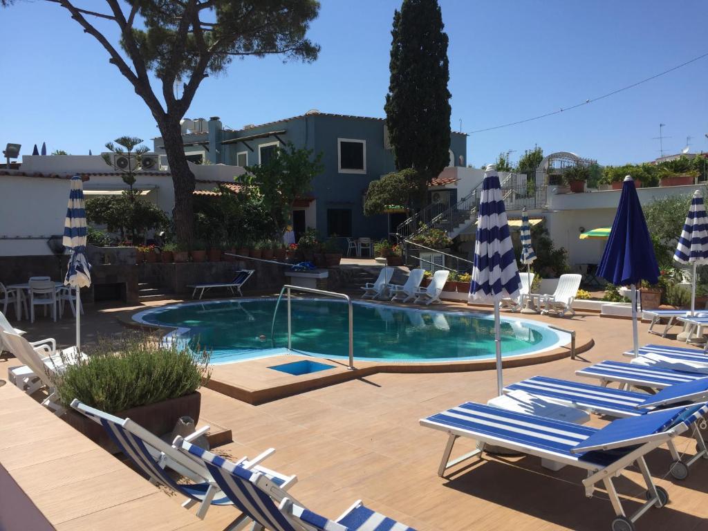 a group of lounge chairs and a swimming pool at Albergo Villa Mario in Ischia