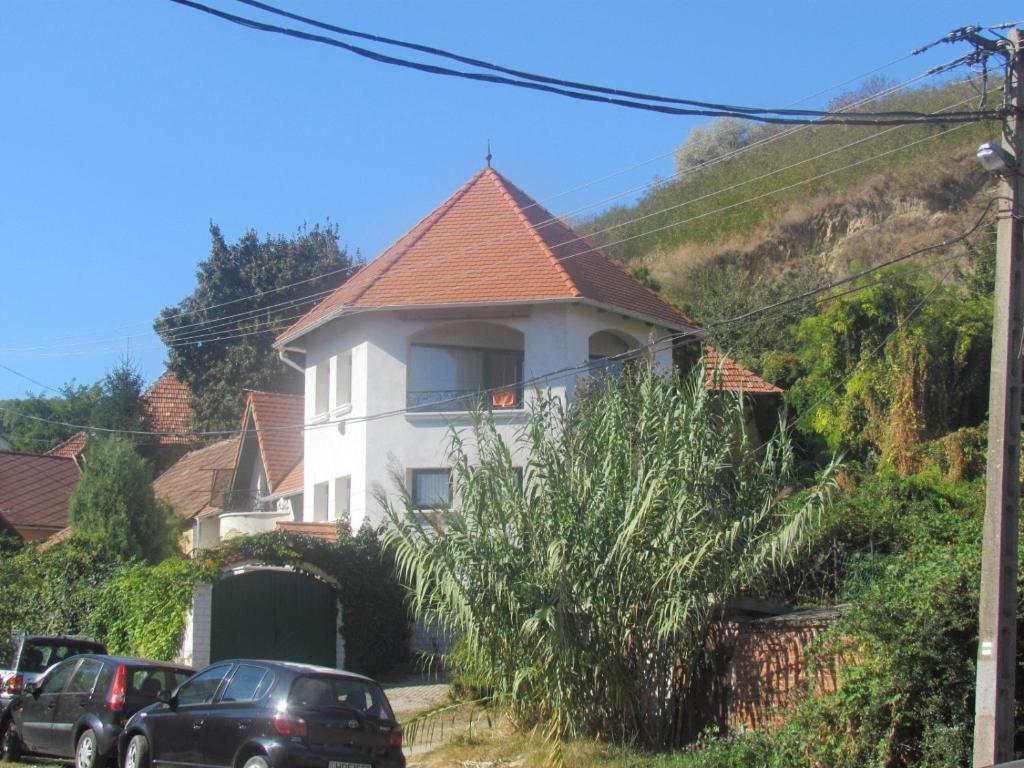 a white house with a red roof on a hill at Magda Vendégház in Tokaj