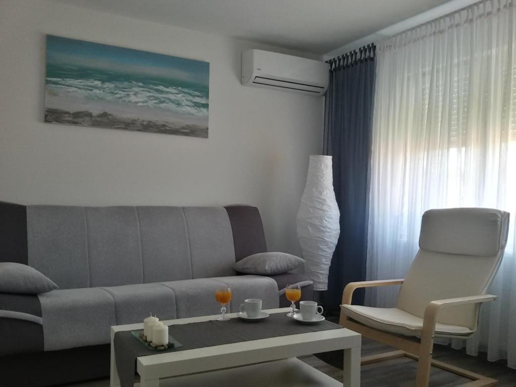 ein Wohnzimmer mit einem Sofa, einem Tisch und einem Stuhl in der Unterkunft Studio apartman Toplica in Daruvar