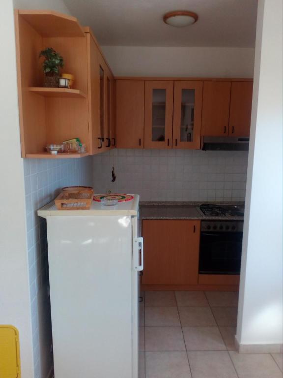 a kitchen with wooden cabinets and a white refrigerator at Apartments Irena in Božava