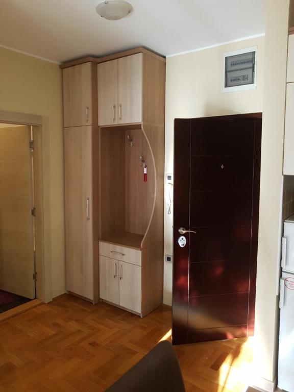 Zimmer mit einer Küche mit Holzschränken in der Unterkunft Apartment Spens in Novi Sad