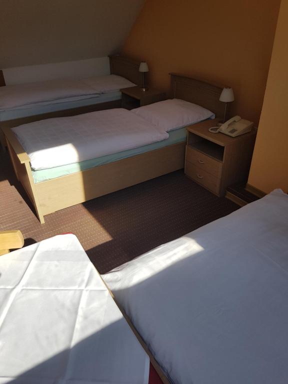 een kamer met 2 bedden en een nachtkastje met een telefoon bij Angelis Pension in Kelsterbach