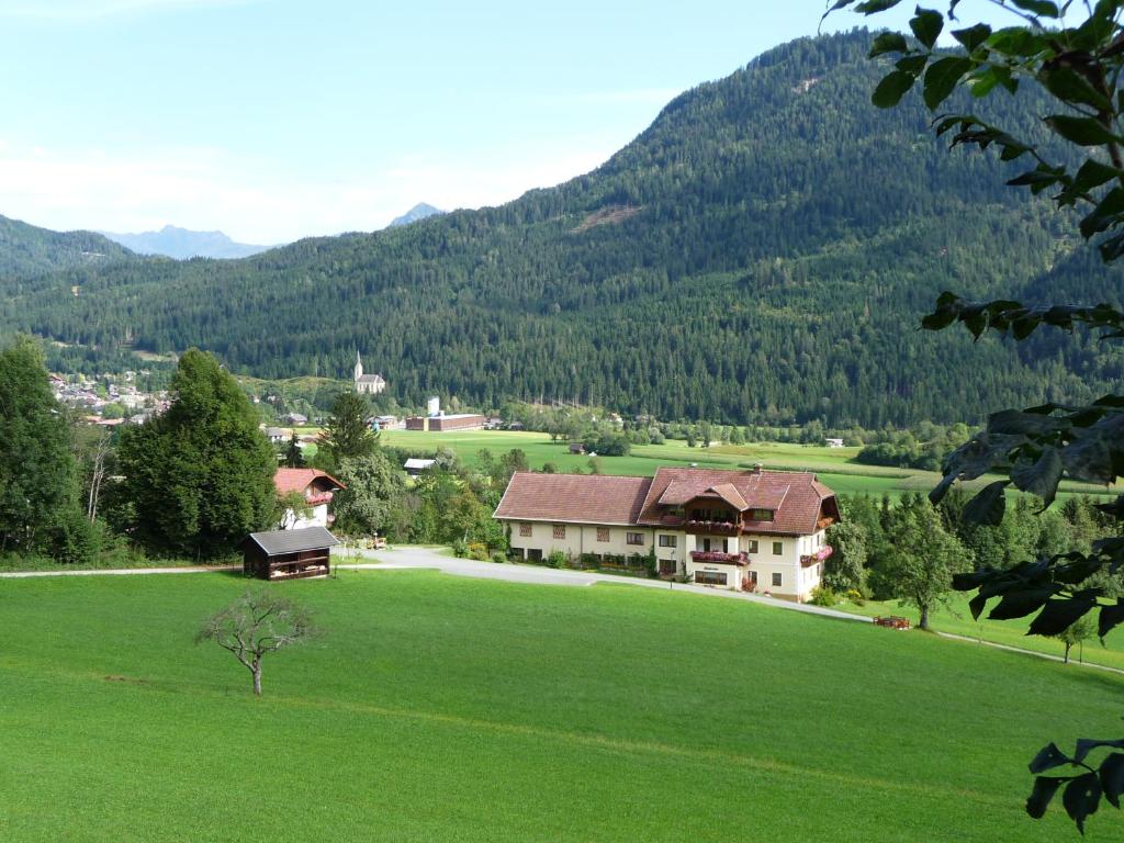 a house on a green field with mountains in the background at Ferienhaus Enzi in Weissbriach