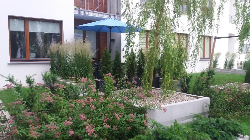 グダニスクにあるApartament Osiedle Garnizonの建物前の青傘庭園