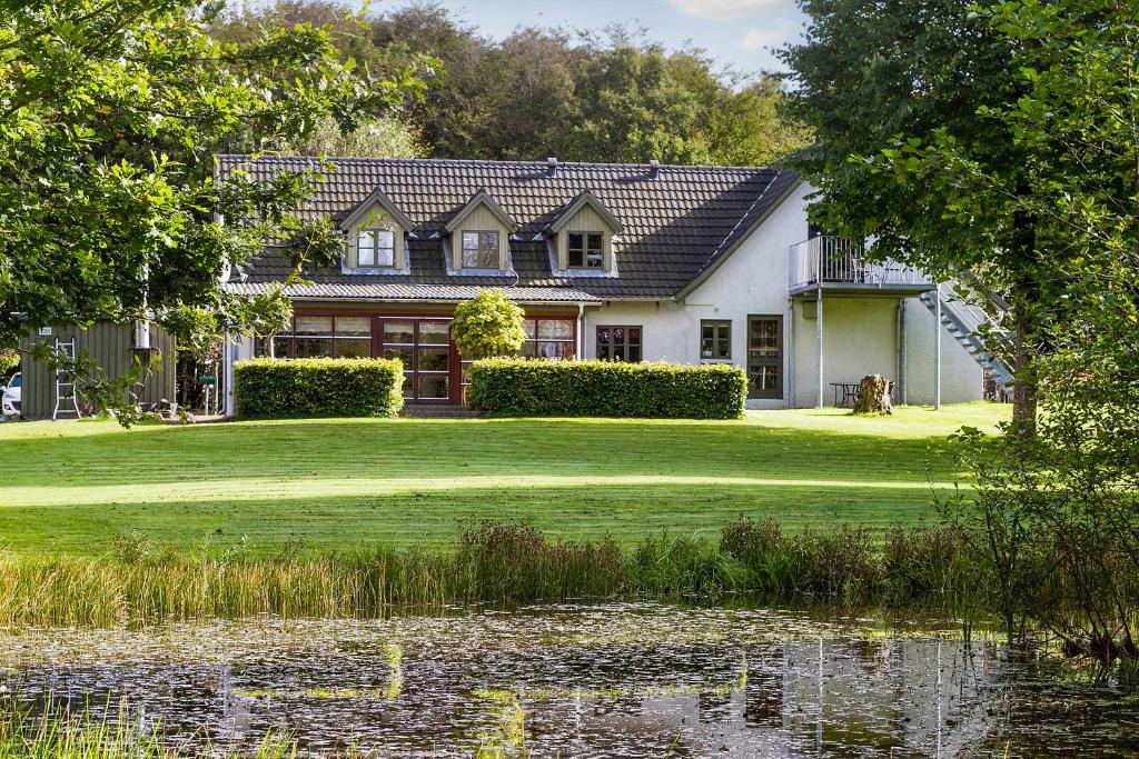 a house with a pond in front of it at Pension Lærkelill in Skovlund