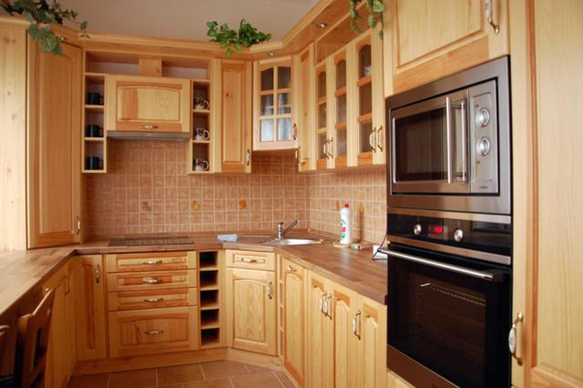 una cocina con armarios de madera y un aparato negro en Apartman Horni Adrspach, en Adršpach