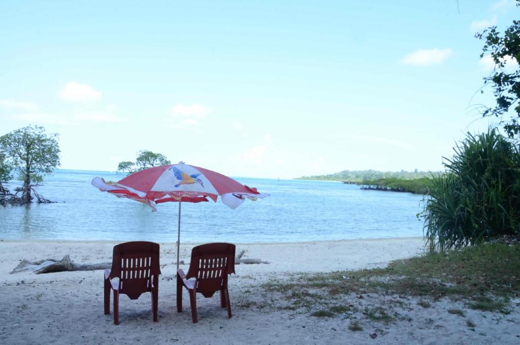 two chairs and an umbrella on a beach at Coconhuts Beach Resort in Neil Island
