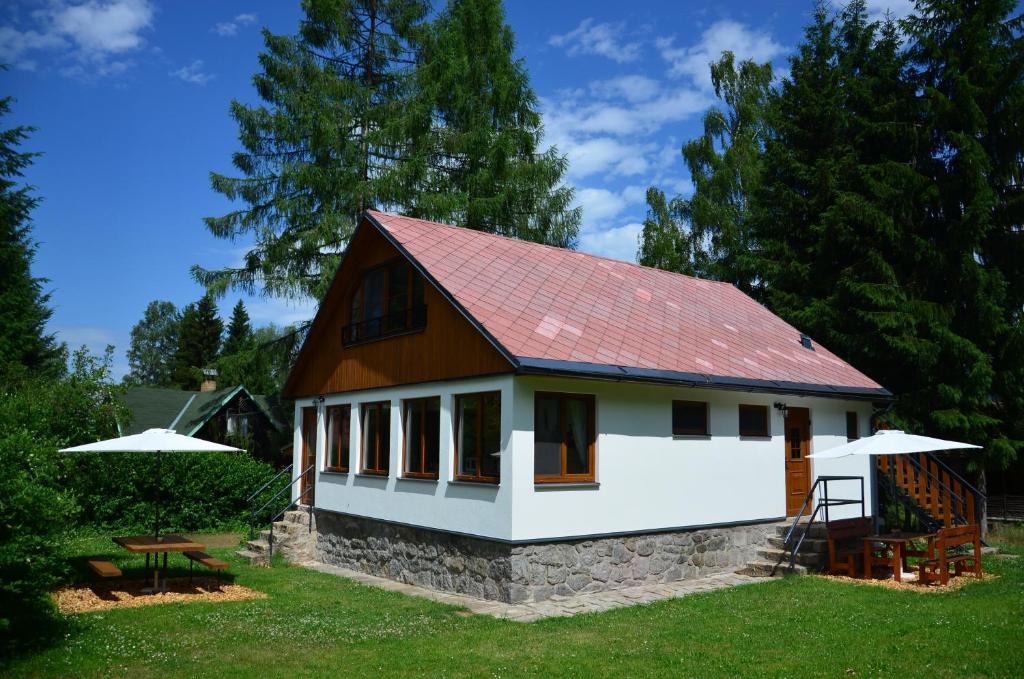 mały biały dom z czerwonym dachem w obiekcie Chata Nela w mieście Horní Planá