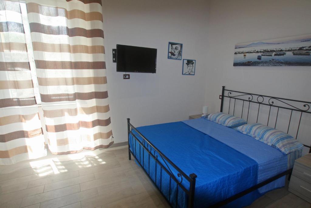 ナポリにあるCasa Fedoraのベッドルーム(青いベッド1台、テレビ付)